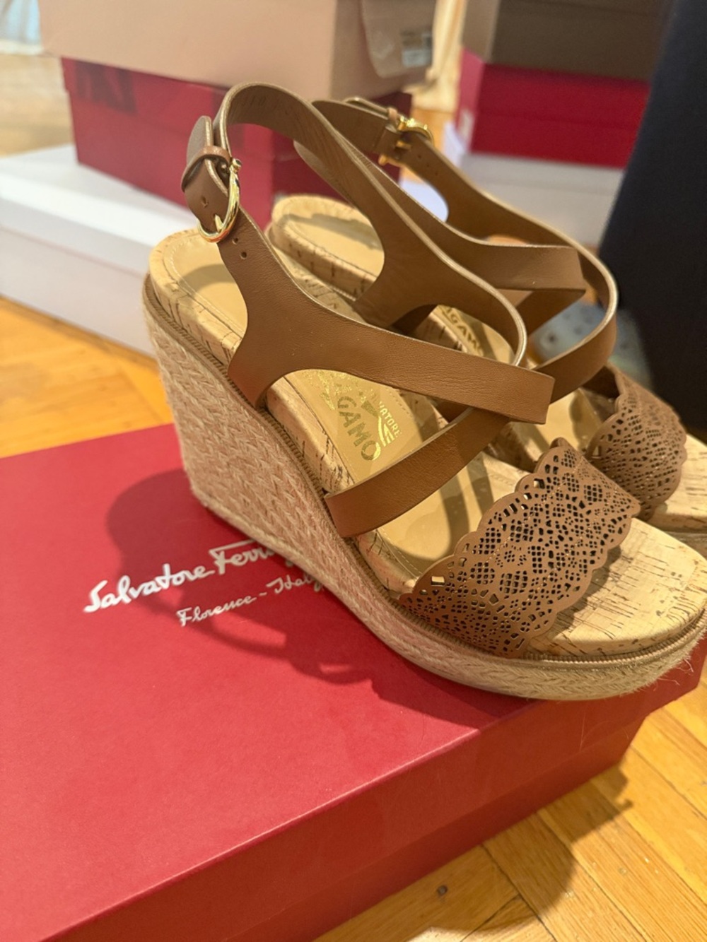 Salvatore Ferragamo Tan Leather Laser-Cut Espadrille Wedges